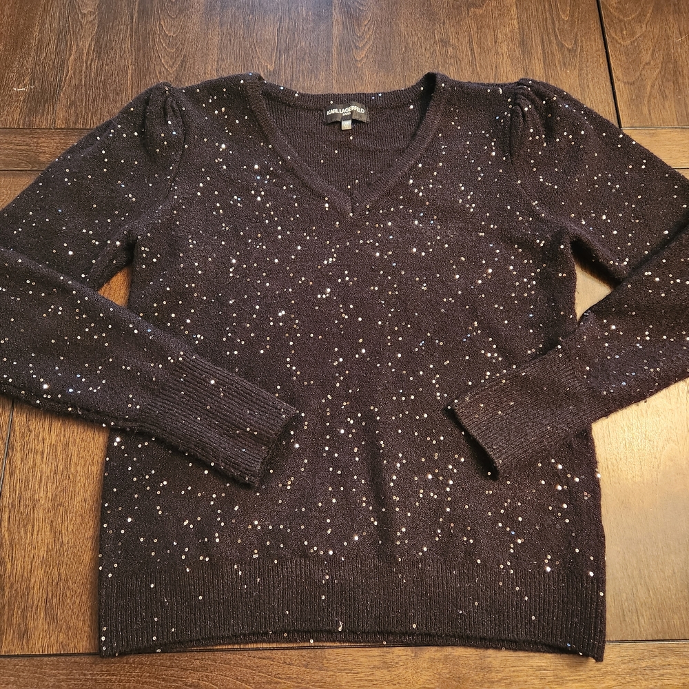Karl Lagerfeld Paris Glittering Sequin Black V-Neck Sweater Silver Knit Puff